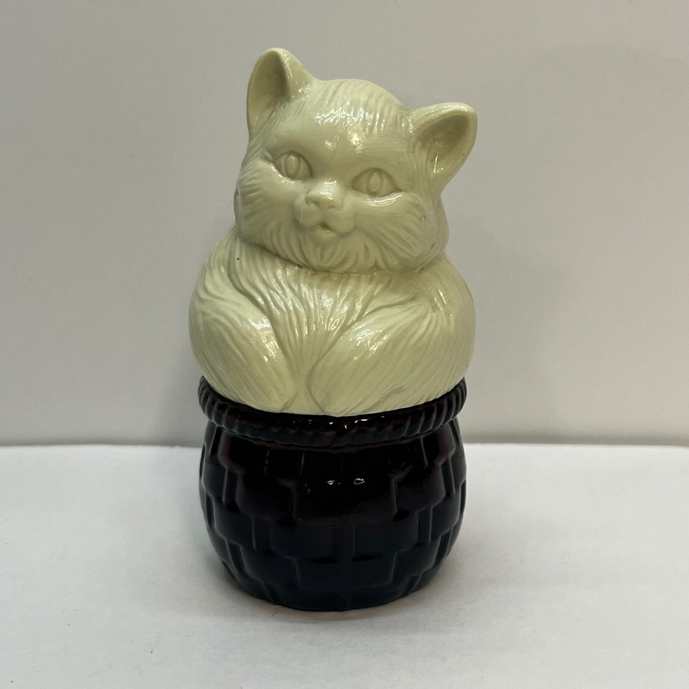 Vtg Avon Field Flowers Cream Sachet Cat in Basket Glass Decanter 1oz White Brown